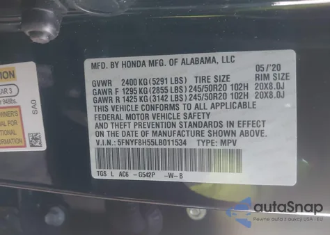 2020 Honda Passport Awd Ex-L z USA, uszkodzony, nr VIN 5FNYF8H55LB011534